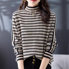 外贸意大利女装原单出口欧货轻奢半高领千鸟格气质针织长袖上衣女