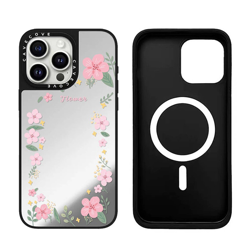 碎花适用苹果17手机壳iPhone15promax带补妆镜13高级感女14plus新