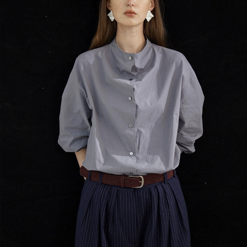 French Minimalist Cotton Long-Sleeved Shirt 2025 Early Autumn New Design Stand-Up Collar Commuter Top