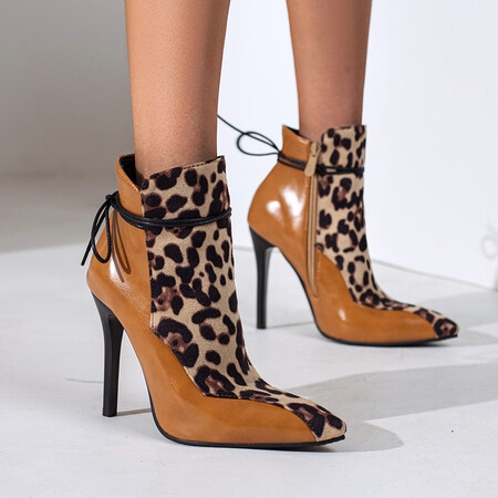 2022 Spring and Autumn plus size European and American cross-border sexy leopard print color matching lace-up stiletto heel pointed Women's ankle boots wholesale