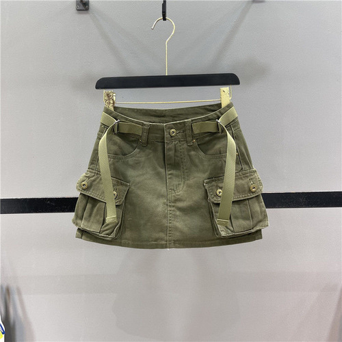 2023 spring and summer new style hot girl big pocket workwear strap denim skirt pants hip-covering A-line skirt