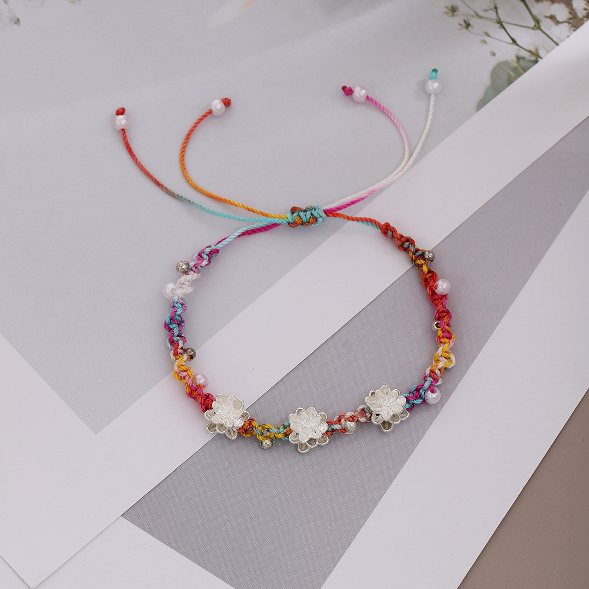New Chinese Ethnic Style Good Luck Lotus Colorful Beaded Bracelet Antique Style Personalized Woven Adjustable Pearl Bracelet