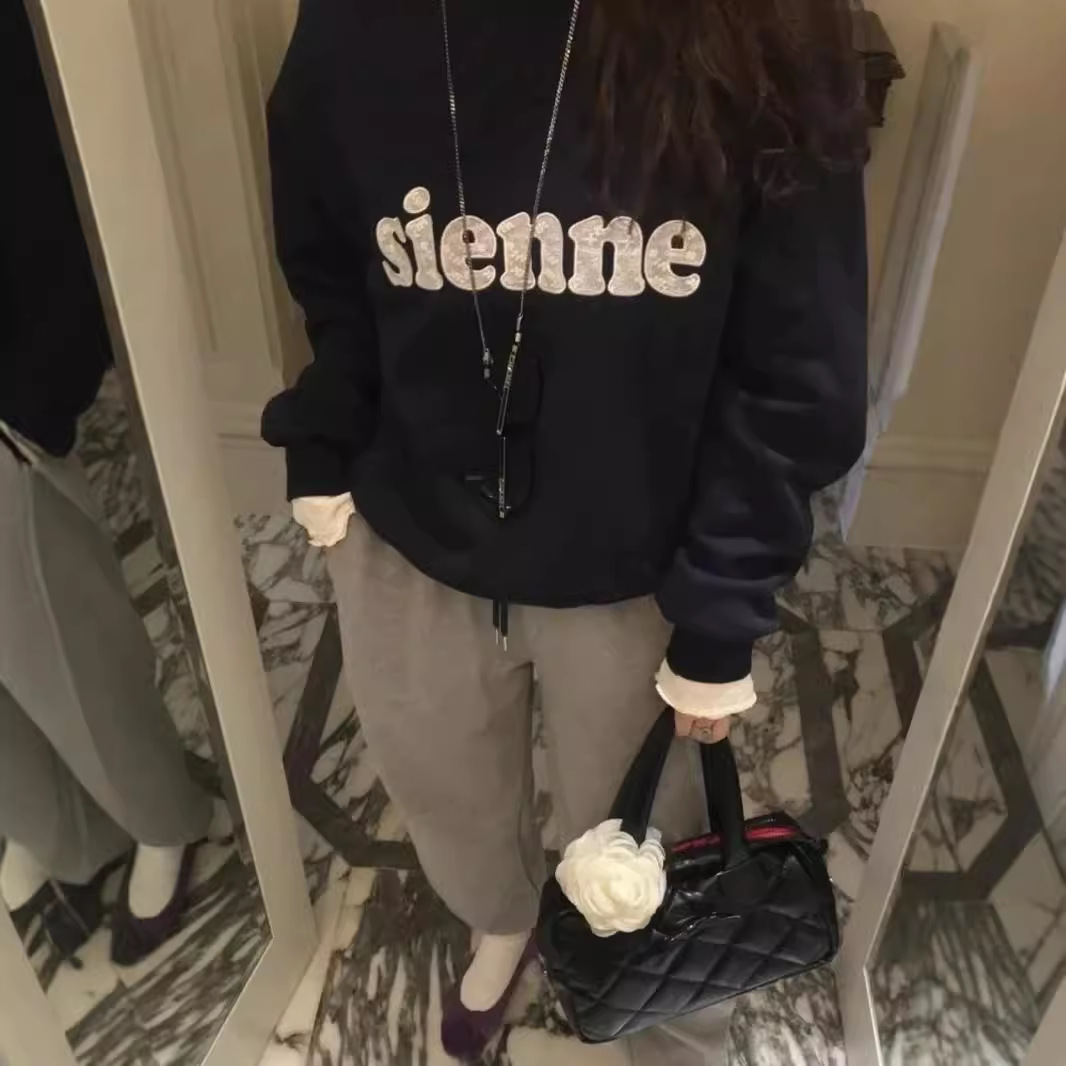 Spot Korean Niche Trendy Brand Retro Embroidered Lace Letters Retro Terry Sweatshirt Women's Loose Korean Style