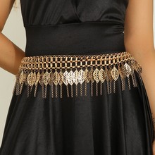 新款金色缕空多层树叶流苏腰链锌合金腰链百搭链条可调节束腰带