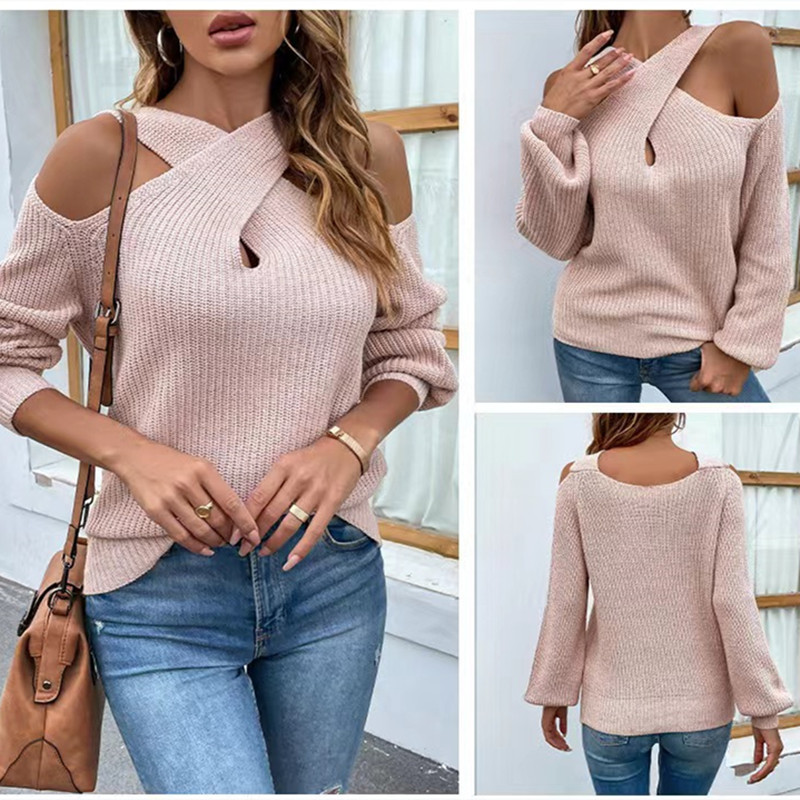 Women's new solid color off-the-shoulder cross backless collar lantern sleeve women's sweater_voghion.com