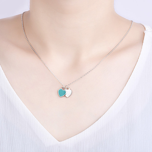Bibijia T Family Love Necklace for Women, 925 Pure Silver Red Heart Oil Enamel Blue Clasp Chain with Double Heart Pendant