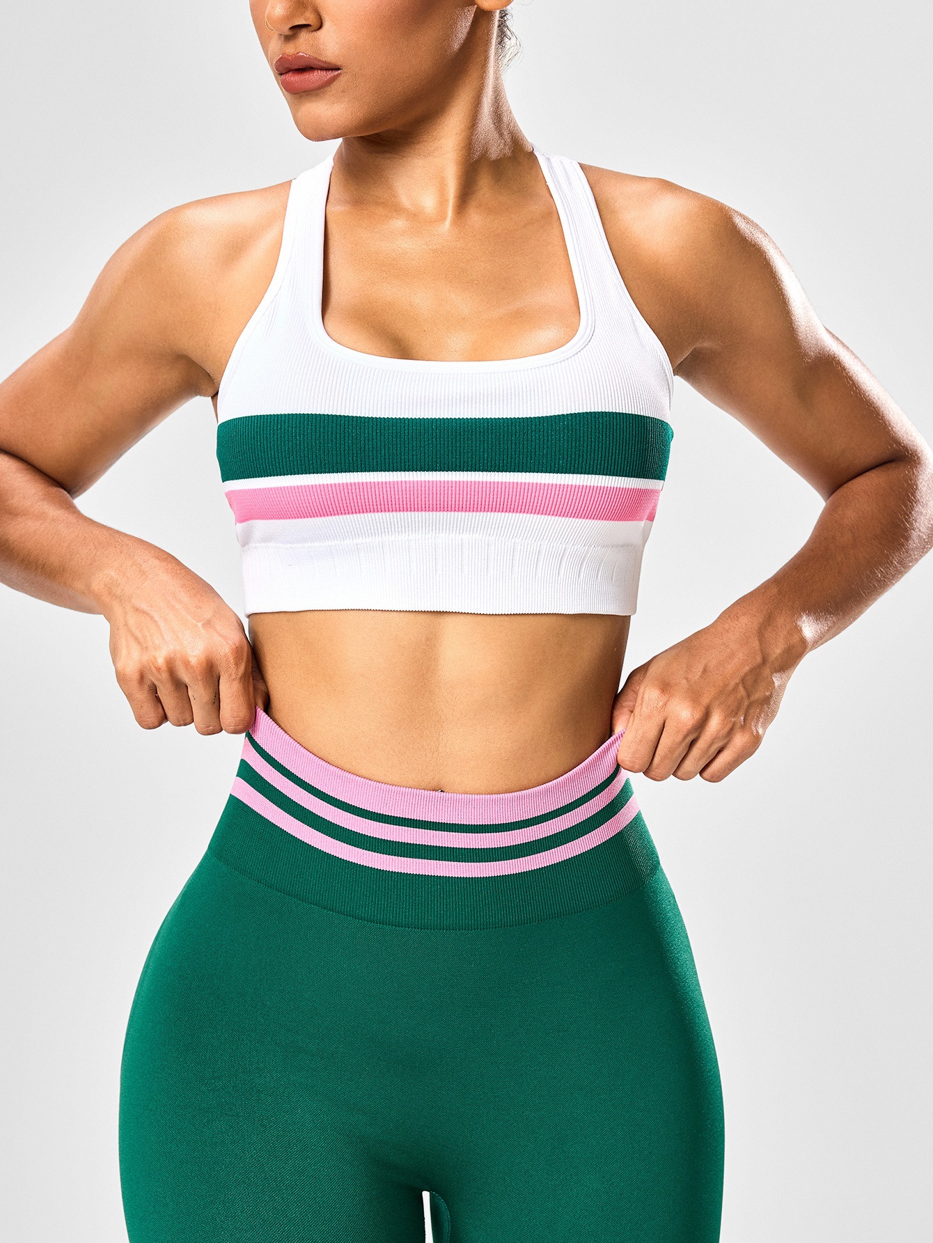 Dispositivo de yoga deportivo a rayas de contraste de color, mujer, bra deportivo, carrera, fitness, pantalones de elevación