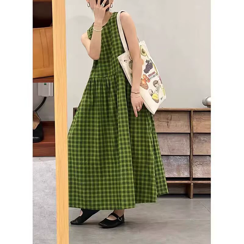 Хлопок и лен, зеленая клетка, свежее и белое летнее платье без рукавов с завязками на талии, литературная юбка, дорожная юбка
