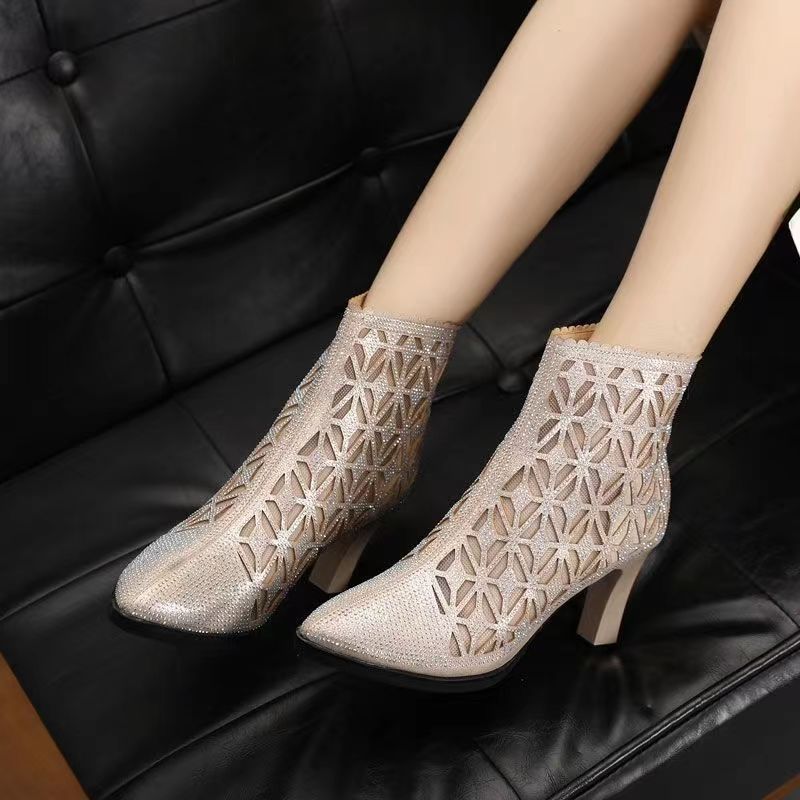 ShoeVault Summer New Hollow Single Pointed Toe Rhinestone Thick Heel Women's Sandals Mesh Short Boots High Heels_vogvips.com