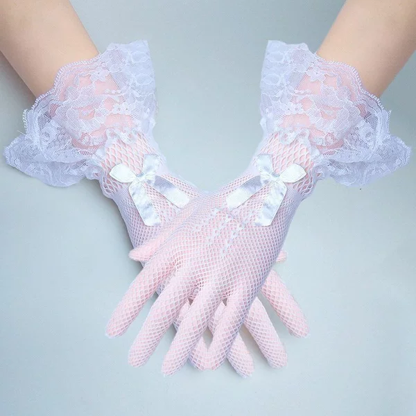 Cross-Border Bridal Wedding Dress Gloves Women's Bow High Elastic Fishnet Black and White Lace Gloves Performance Etiquette