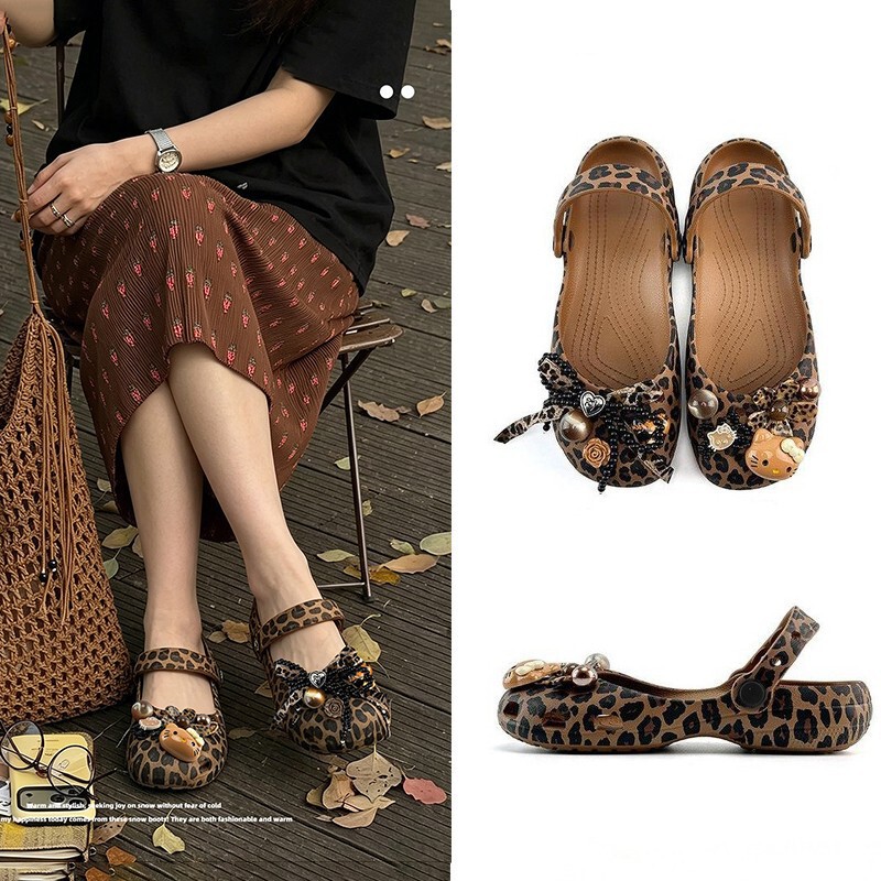 2026 New Leopard Print Ballet Clogs for Women, Cartoon Mary Jane Shoes, Eva Soft Sole Non-Slip Sandals for Women, Suitable for Outdoor Wear