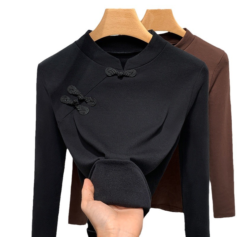 Collar de pie camisa de fondo para mujeres 2023 nueva ropa de mujer estilo occidental hebilla manga larga Camiseta cintura apretada desgaste interior nuevo estilo chino top image 6