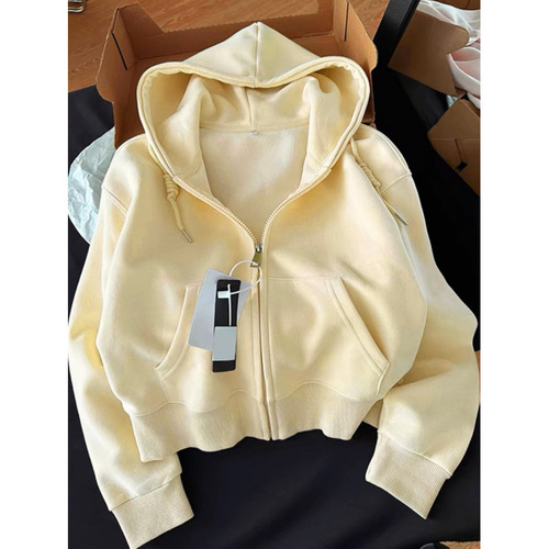 Whitening milk-powdered Korean-style short sleeve hoodie jacket for women, hooded sweatshirt, thin zipper cardigan for outerwear