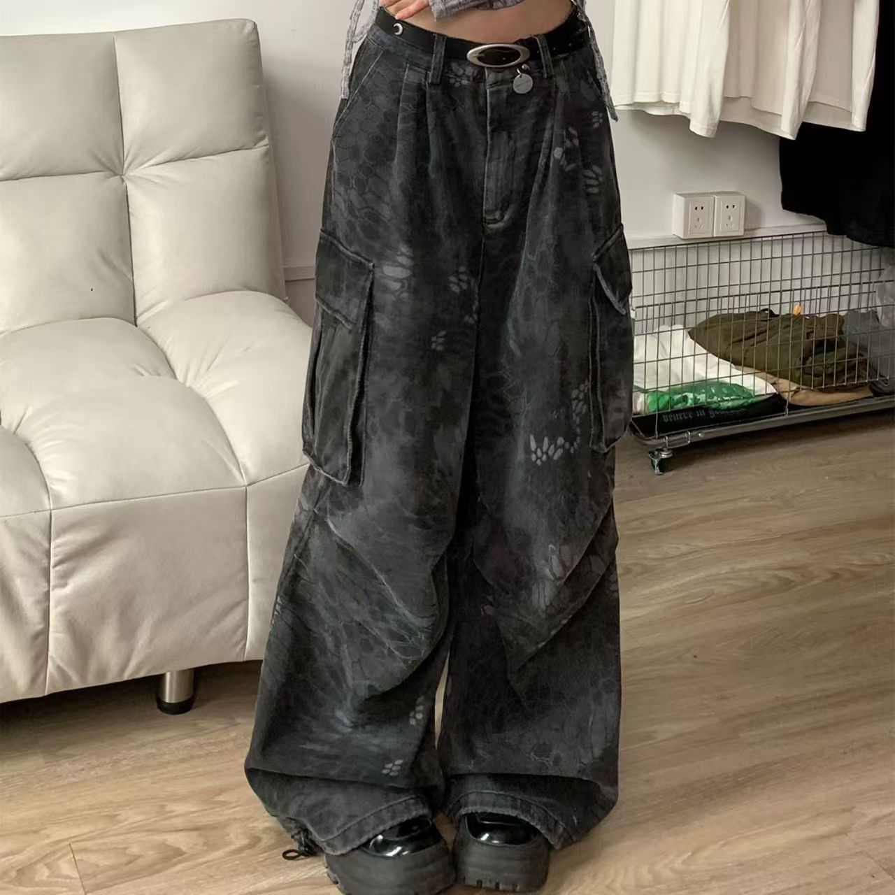 American Retro High Street Design Snake Print Multi-Pocket Cargo Jeans for Women High Waist Loose Wide Leg Pants