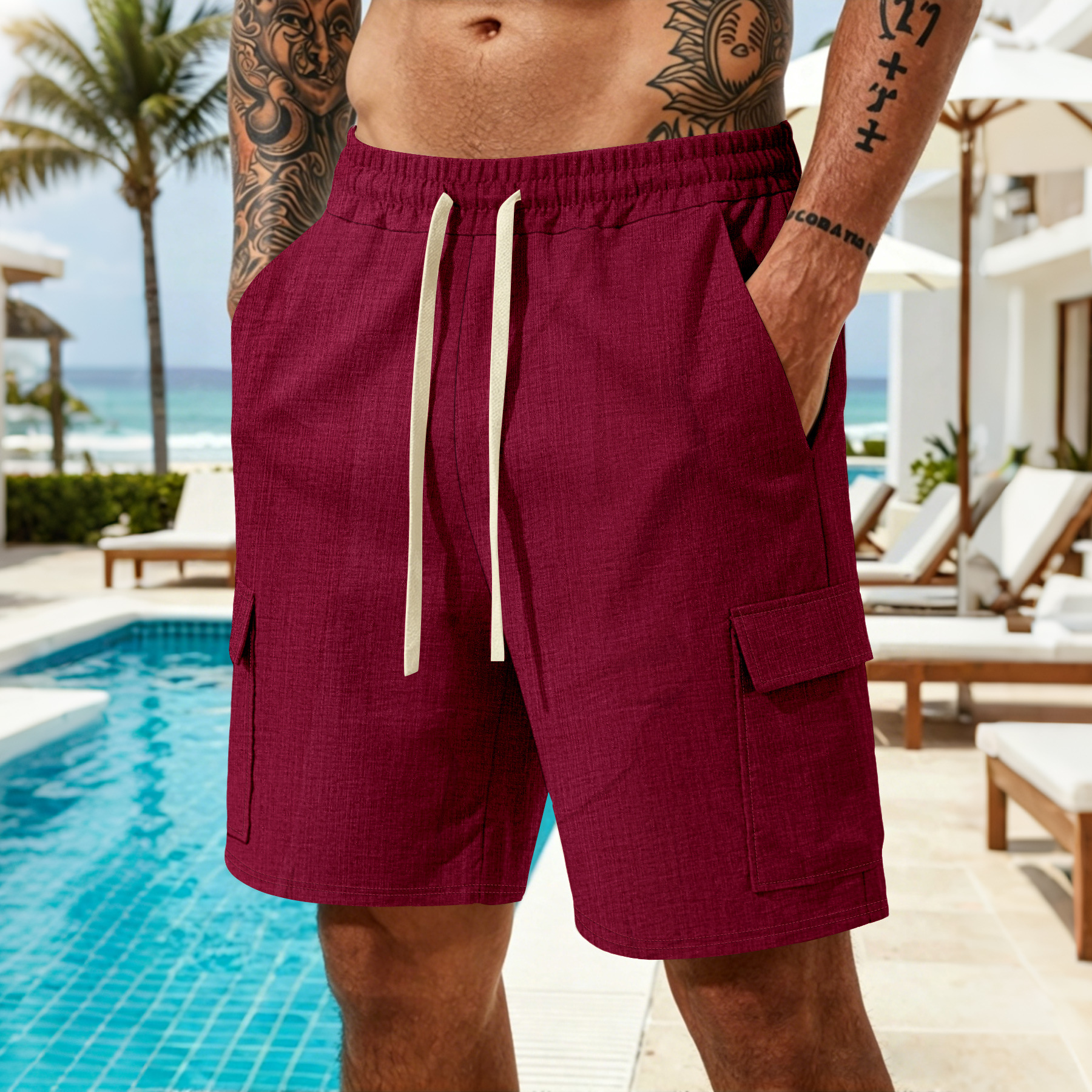 Men's Clothing Men's Retro Multi Pocket Cargo Shorts Casual Loose Fit Drawstring Sports Shorts For Formal & Casual_viptrois.com