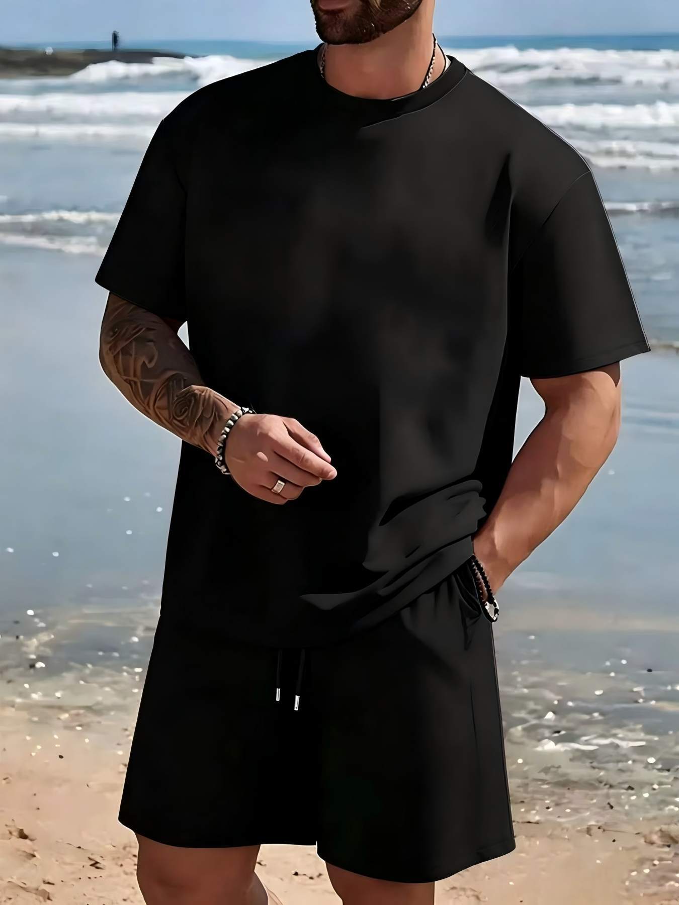 Fábrica de origen a través de la frontera para hacer un modelo de verano para hombres traje casual camiseta de color sólido manga corta manga deportiva