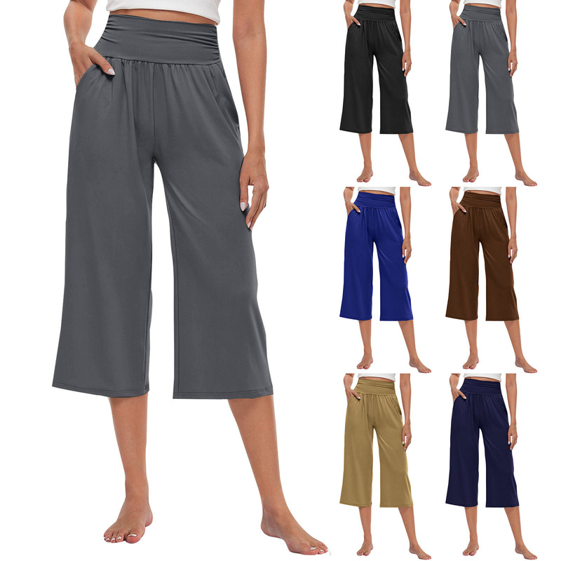 Amazon Independent Station 2024 Elastic Knitted Elastic Waist Slant Pocket Loose Running Yoga Casual Cropped Pants