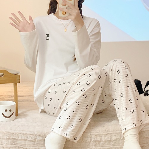 Walking pants!  Slit stripe printed smiley face pajama pants for women, loose four-season home trousers that can be worn outside, casual pajamas pants