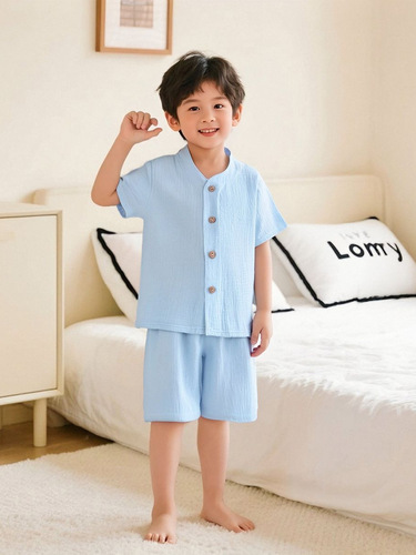 Children's Summer Double-layer Cotton Fabric Pajama Set for Boys and Girls, Small Babies 0-5 Years Old, Short-sleeve Home 2-piece Set