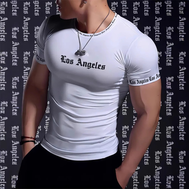 Cross-Border Aliexpress Simple Letter 3D Printed Men's Round Neck Short-Sleeved T-Shirt Urban Street Fashion Sports Breathable