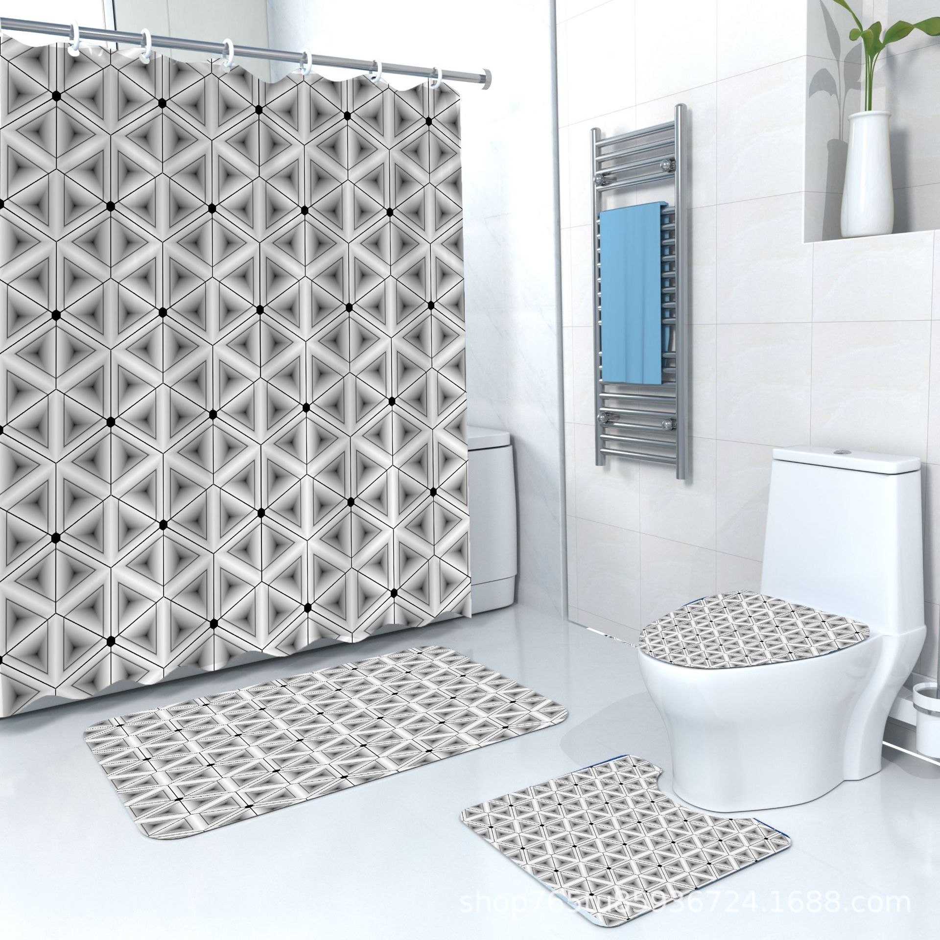 Cross-Border Geometric Pattern Toilet Seat Floor Mat Set Amazon New Decorative Wholesale Bathroom Shower Curtain