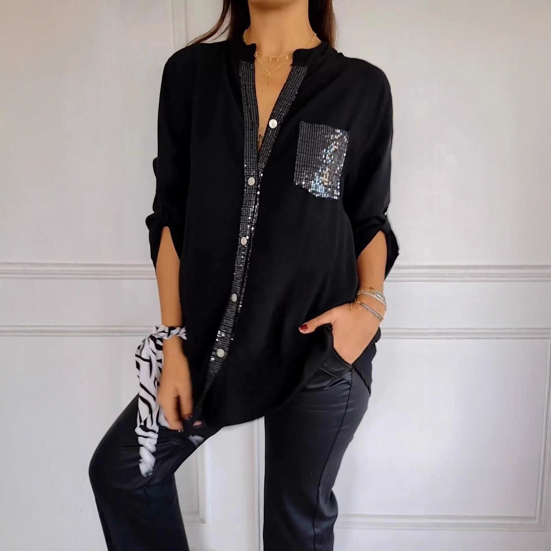 2025 Spring and Summer Export Amazon Aliexpress Ebay European and American Style Loose Casual Hot Brick Sleeve Shirt