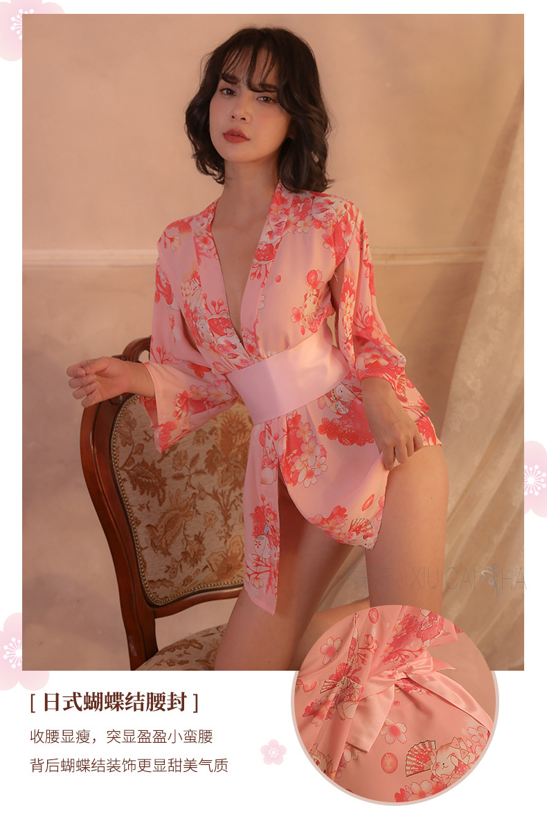 Kimono-Style Lingerie Robe Set with Belt and Thong, Polyester, One Size — detail image 17