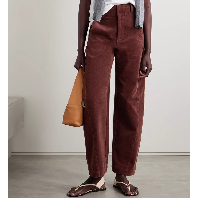 (2개) CORDUROY ARC PANTS  유럽과 미국의 가벼운 럭셔리 OL 코튼 벨벳 높은 허리 버클 넓은 다리 아크 트위스트 바지 가을과 겨울