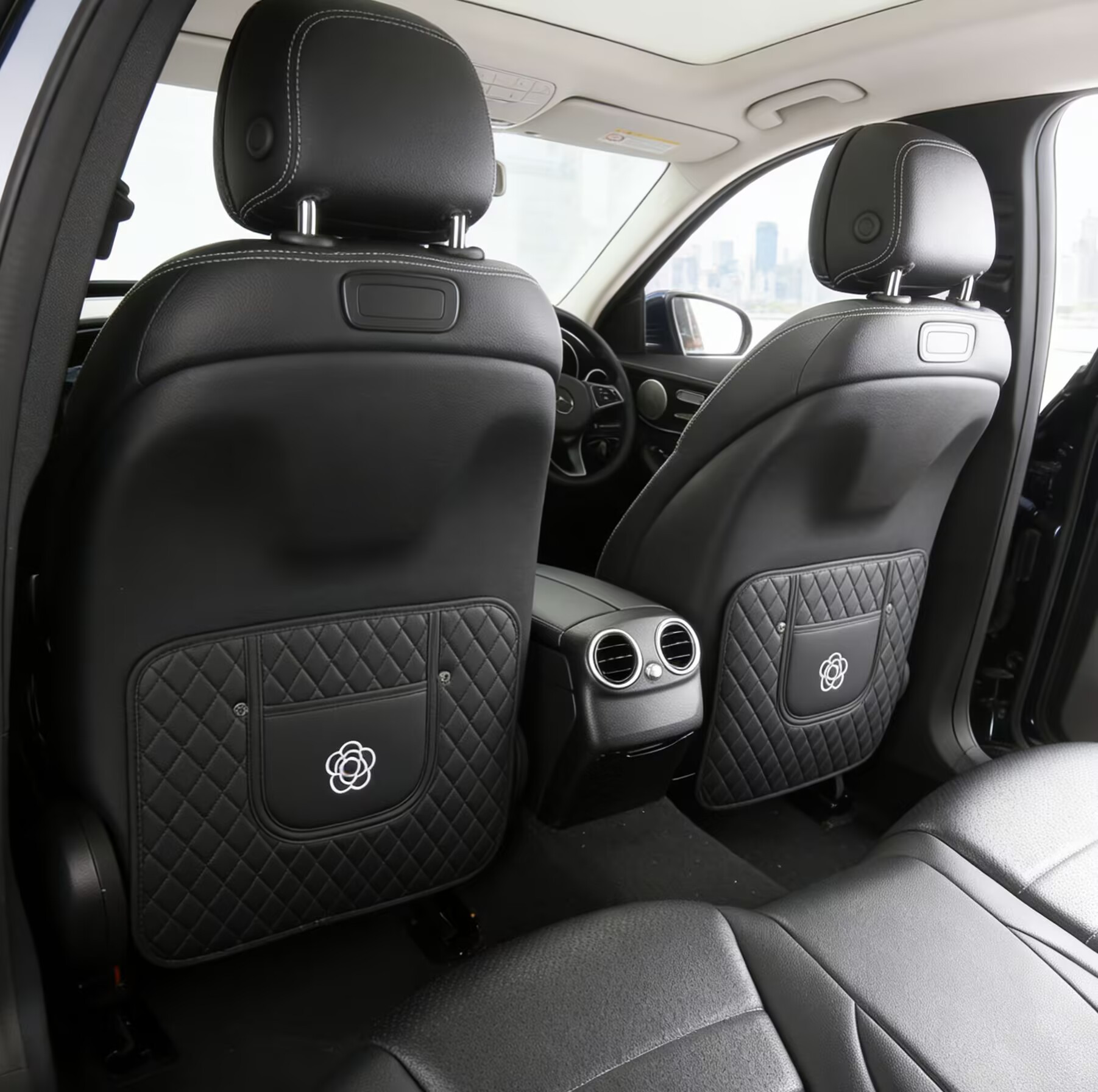Camellia Car Anti-Kick Pad, Small Fragrance Style Rear Seat Protective Pad, Leather Seat Back Wear-Resistant Protective Pad