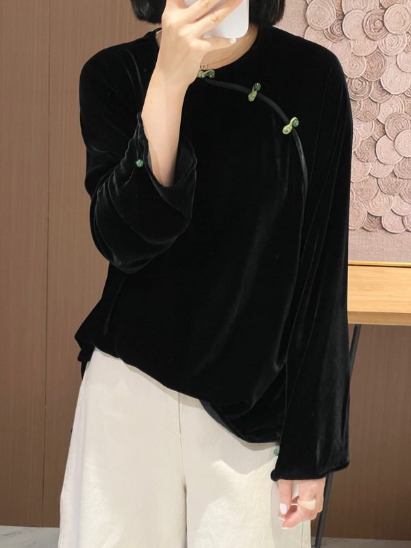 南油批发2025年秋季新款 简约百搭圆领斜襟 真丝丝绒上衣女款衬衫|undefined