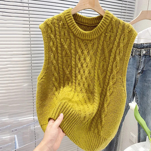 New Knit Vest, Solid Color Cable-Knit Crew Neck Short Sleeve Spring and Autumn Cardigan, Layering Loose Outerwear, No-Sleeve Sweater