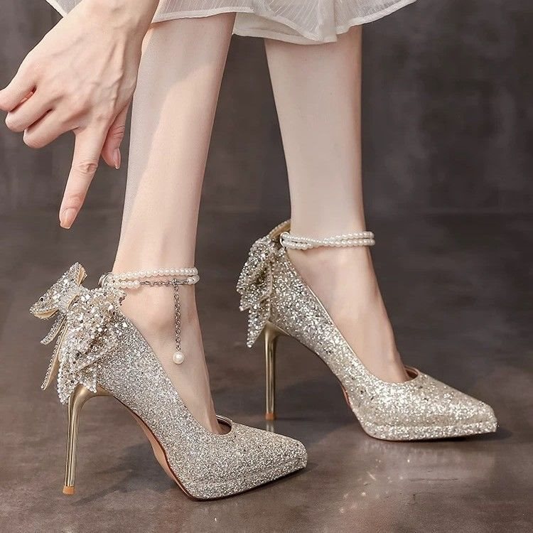 Crystal Sequin Wedding Shoes with Pearl Chain and Bowknot Thin High Heels