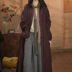 2025秋韩版宽松文艺亚麻加里衬中长款翻领彩扣衬衫外套百搭长袍女