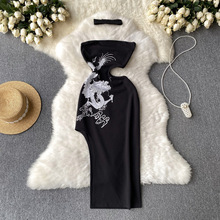 严选春夏季覆古旗袍抹胸一字领晚礼服国潮印花中国风开叉镂空连衣