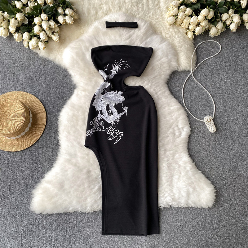 严选春夏季覆古旗袍抹胸一字领晚礼服国潮印花中国风开叉镂空连衣