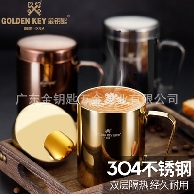 Golden key 304 Stainless steel Water cup thickening Office double-deck coffee With cover Handle handle Make tea glass