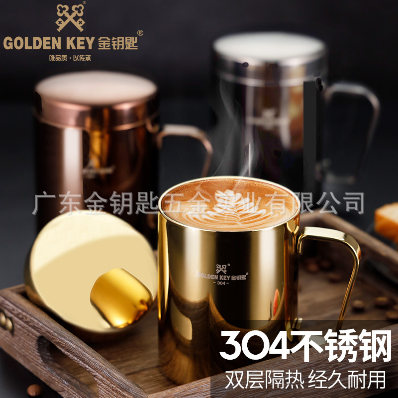 Golden key 304 Stainless steel Water cup thickening Office double-deck coffee With cover Handle handle Make tea glass