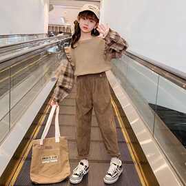 女童套装2025春秋款中大童时髦洋气女孩休闲假两件格子上衣两件套