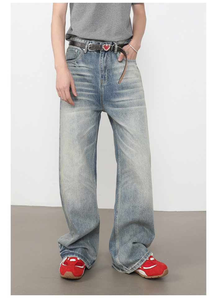 Quần jeans nam ống rộng dáng thẳng lưng giữa, phong cách retro, dài chấm gót — màu xanh chi tiết 9