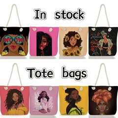 Tote bags現物卸売り黒美人プリント手提げ新型軽量粗縄特包百合ビーチバッグ