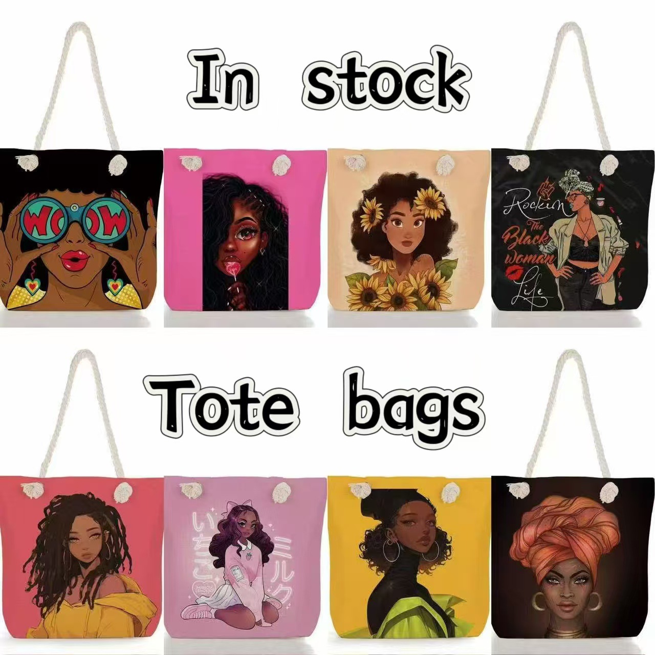 Tote bags现货批发黑美人印花手提 新款轻便粗绳托特包百搭沙滩包