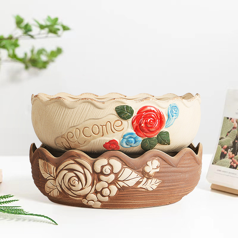 Ceramic Flower Pot Stoneware Breathable Large Diameter Group Meat Pot Large Plant Flower Pot Balcony Creative Meat Pot
