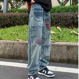 日式复古做旧水洗针缝破洞补丁牛仔裤男欧美痞帅设计感直筒裤高街