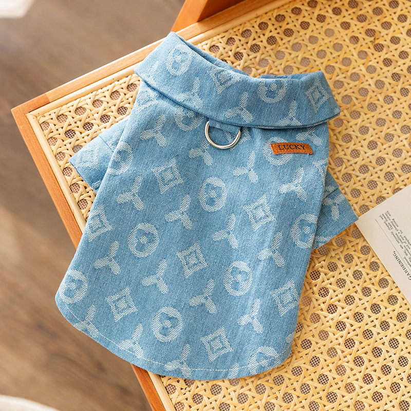 Azul Jacquard de tracción cuello alto ropa de mezclilla primavera y otoño salida gruesa tracción de dos patas ropa de perro para mascotas Nuevo