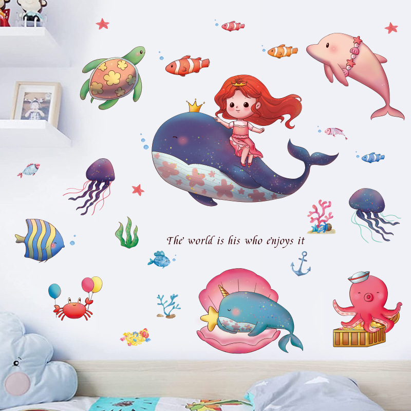 Nordic INS Wind Color Painting Whale Bathroom Entrance Children's Room Bedroom Dormitory Background Decorative Self-adhesive Wall Sticker