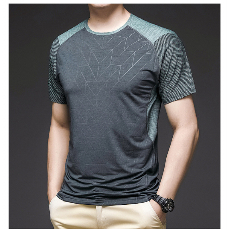 Camiseta de seda de hielo de manga corta para hombres, camiseta de secado rápido, estampado oscuro, moda de cuello redondo, nueva camiseta deportiva de fitness, delgada y transpirable.