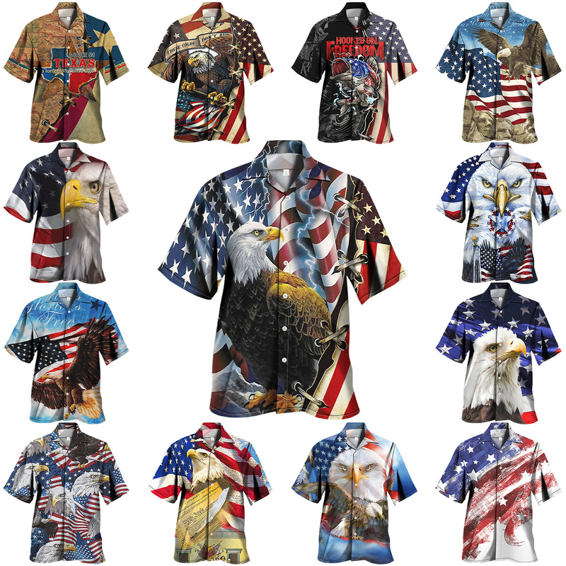 New Cross Border Men's plus size 3D American Elements Print Shirt Fashion Patriot Hawaiian Lel Shirt