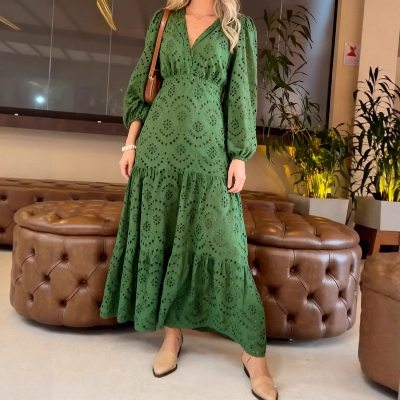 2025 European and American Cross-Border Swing Dress with V-Neck, Ruffles, Eyelet Long Sleeves, Spring and Autumn Season, Elegant and Suitable for Work