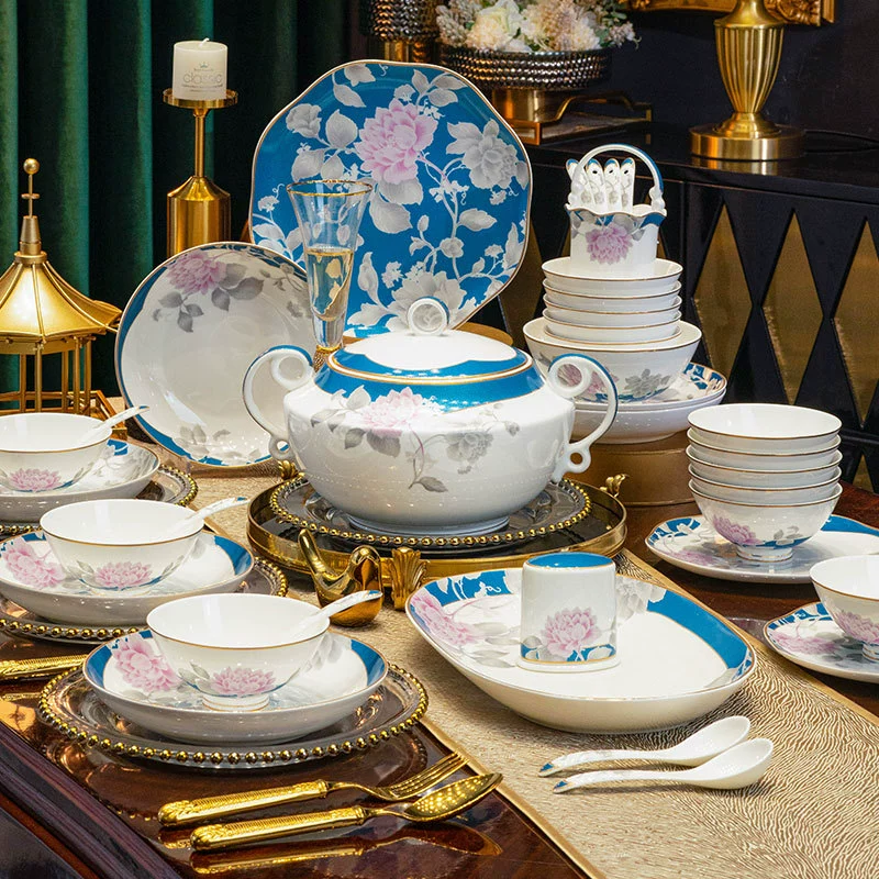 Китайский дворцовый стиль набор посуды Jingdezhen белый фарфор набор тарелок и чаши столовые принадлежности с палочками в светлом люксе клубном стиле