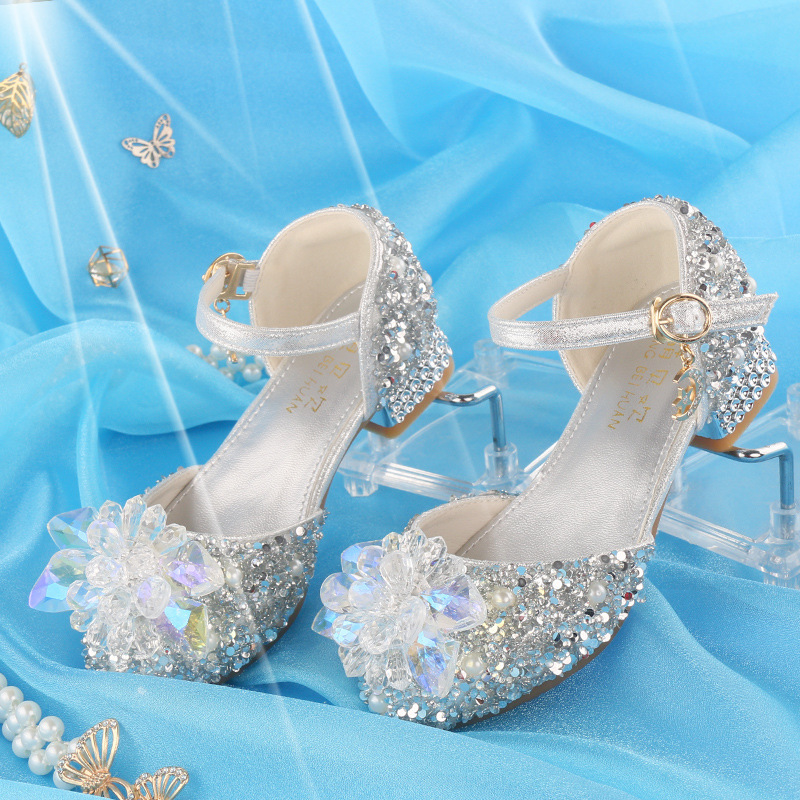 Cinderella Crystal Shoes Silver Model 4 Years Old Party 5 Princess Shoes 6 Little Girl Leather Shoes Children's High Heels 7 Sweet